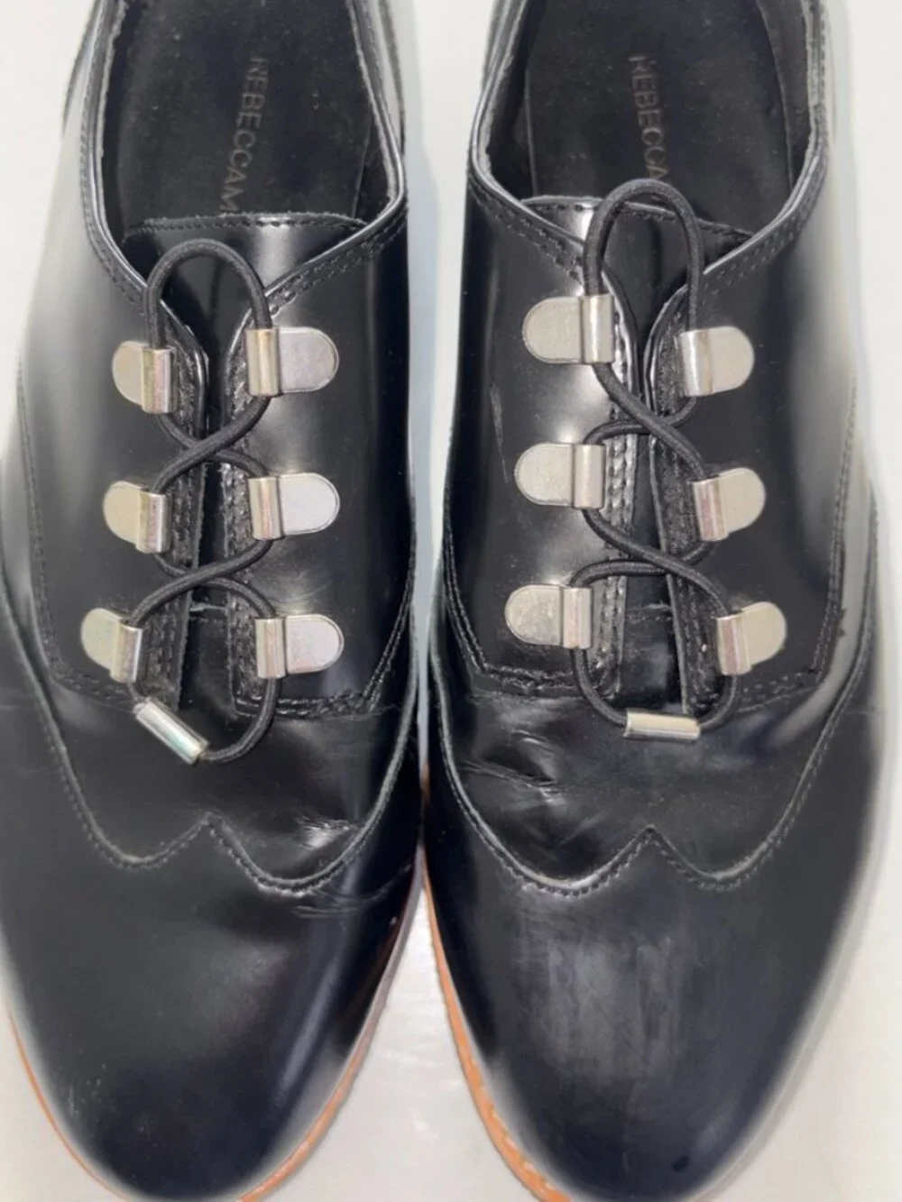 Women's Rebecca Minkoff Polly Platform Oxfords Black Leather Silver Clasps 9